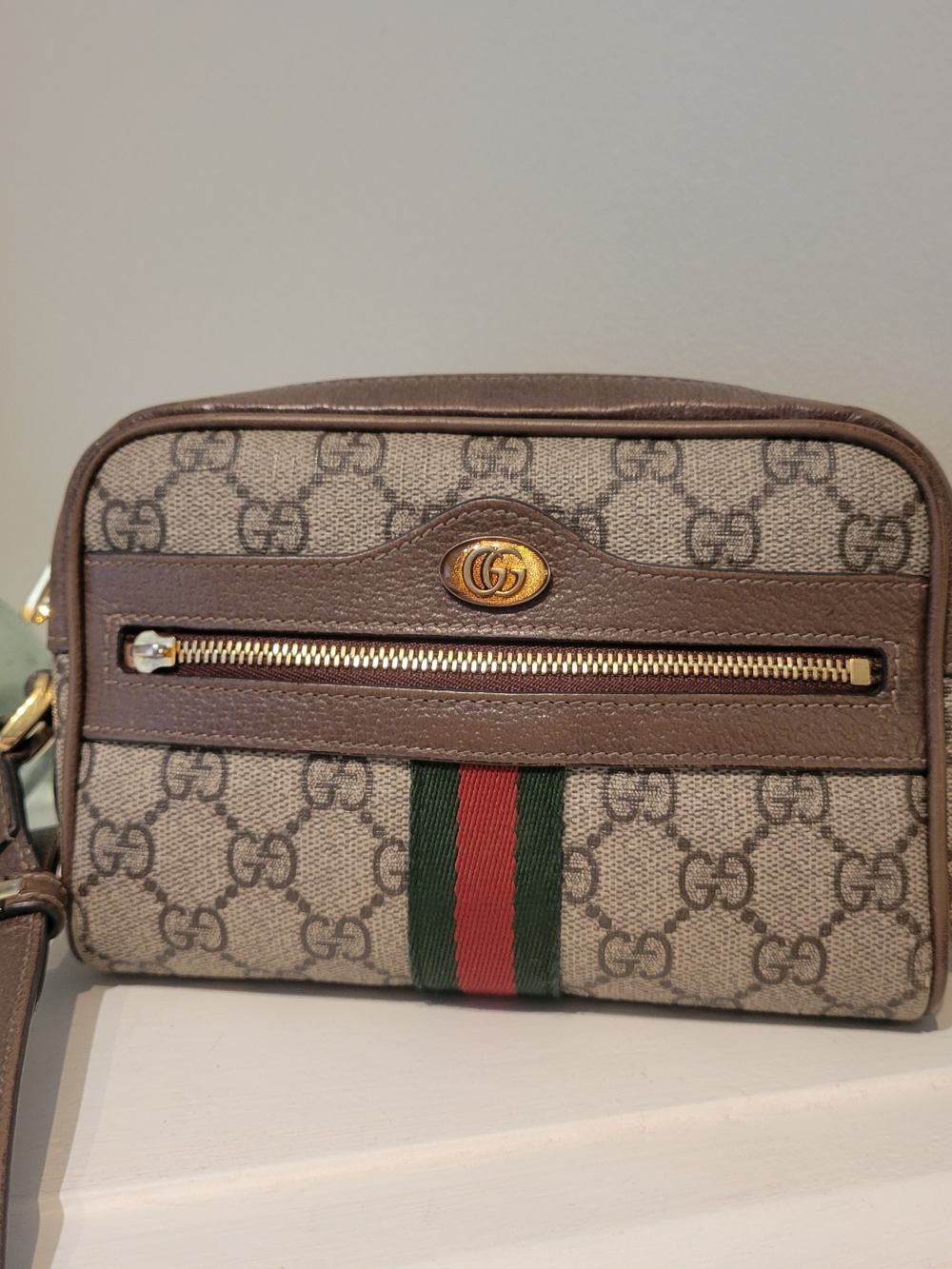Gucci Brown Monogram Crossbody Bag with Signature Web Stripe